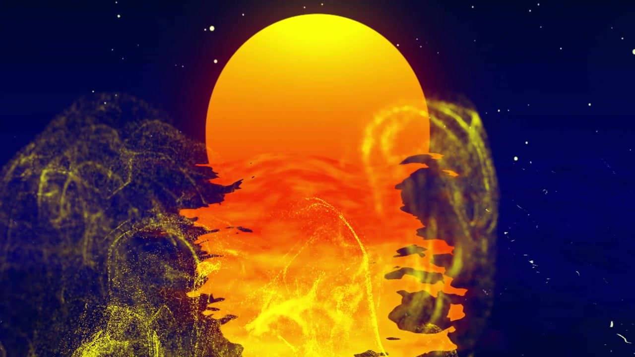 Glowing yellow orb floating in cosmic void, emitting swirling golden particles and star specks