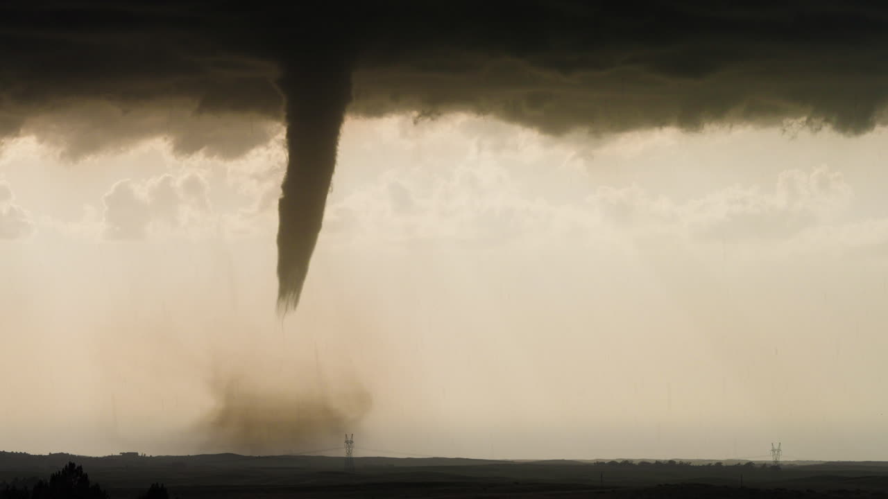 Extreme Weather Tornado Kicking Up Dirt Across Open Countryside