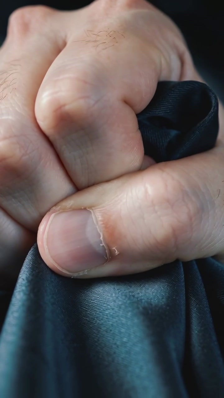 Vertical video: Tightening hand pulling dark fabric in close-up on start, smoothing wrinkles