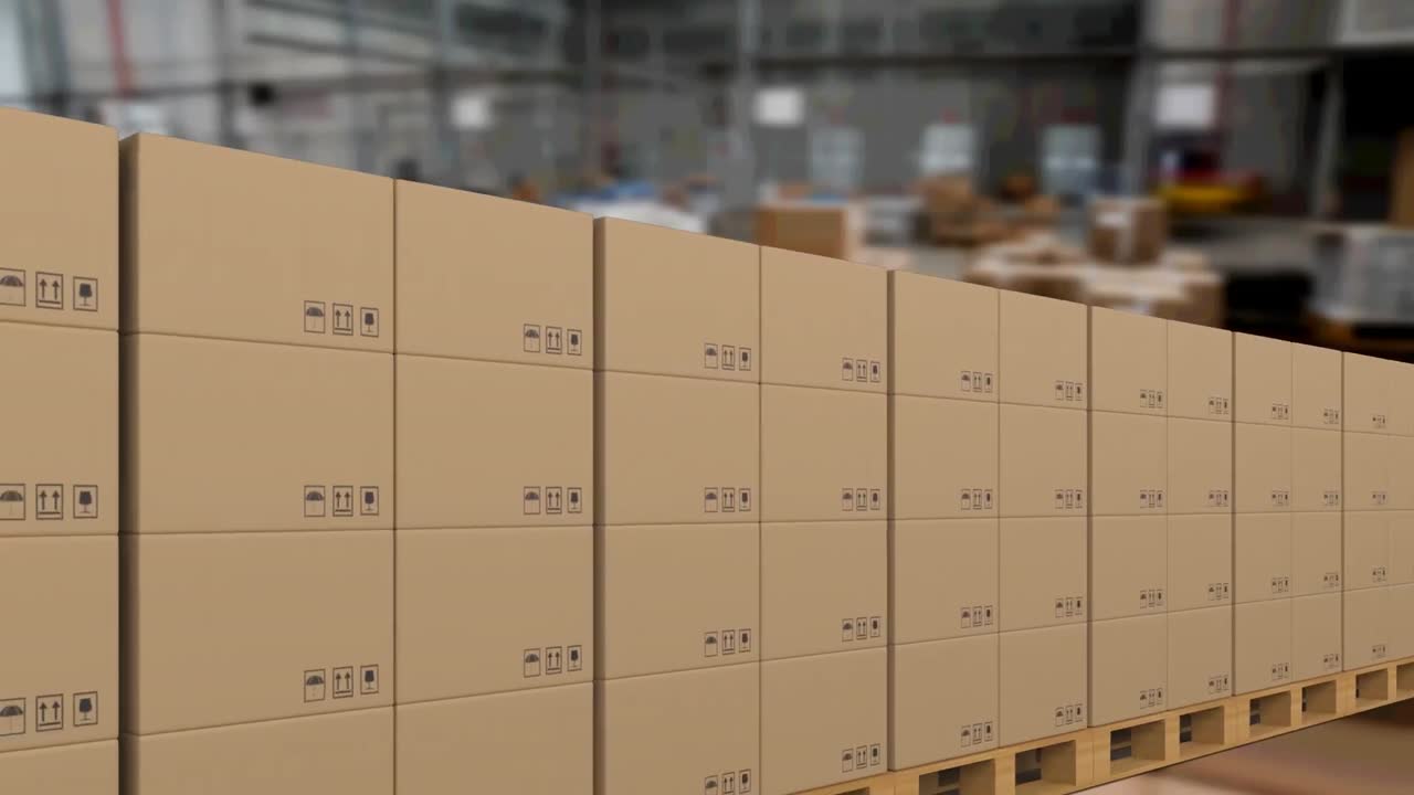 animación de cajas de cartón que se mueven en cinta transportadora sobre el almacén