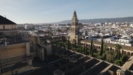 aerial establishing shot of beautiful cathedral of cordoba complex, travel destination. spain