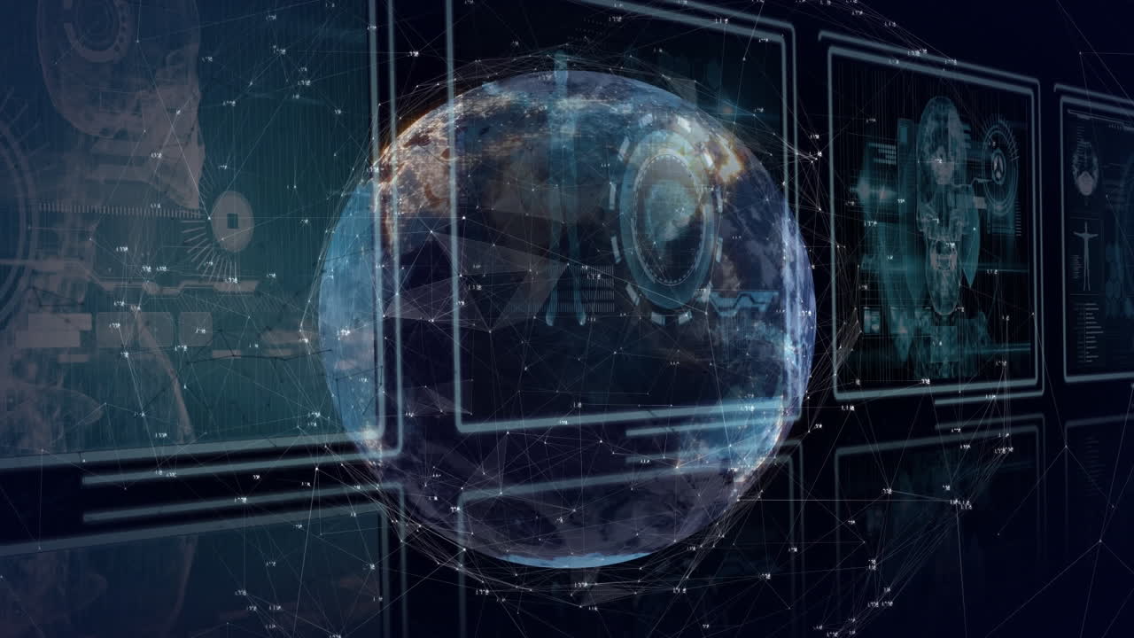 데이터 처리와 함께 화면을 통해 연결의 네트워크와 함께 지구의 애니메이션