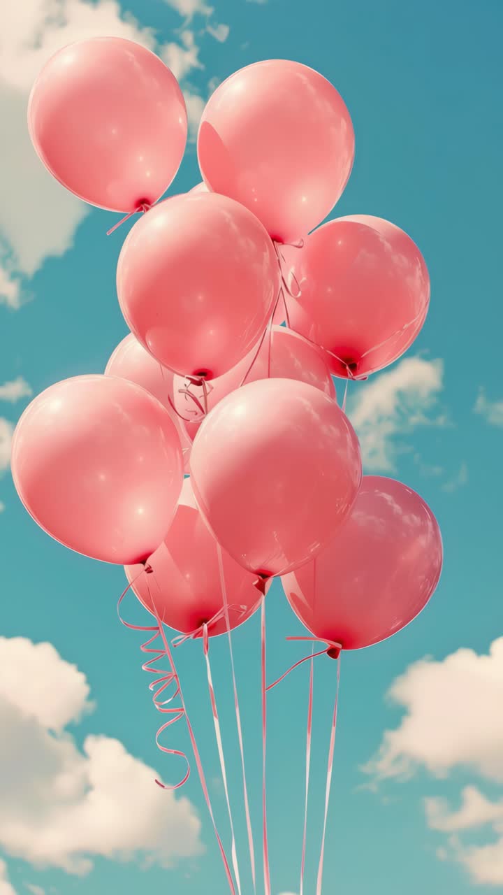 Fotogramma video di palloncini rosa che fluttuano su un cielo blu con nuvole, ripreso da un angolo basso