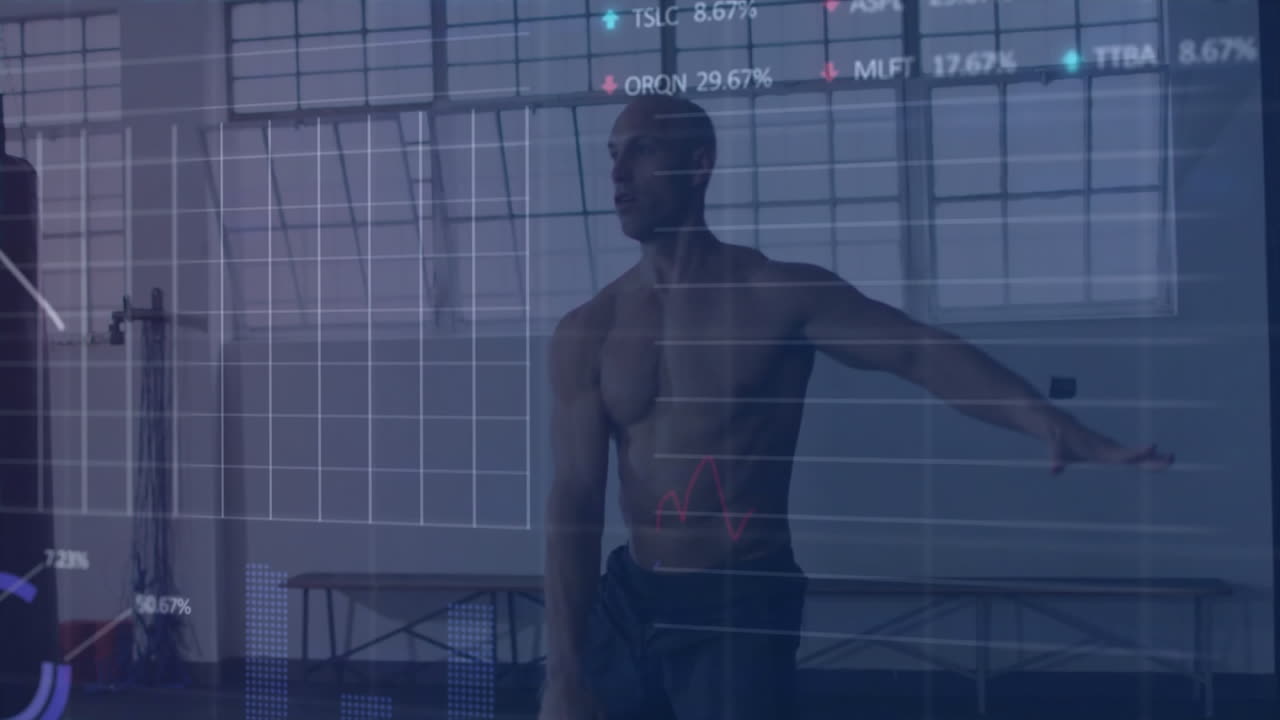male fitness enthusiast lifting kettlebell in gym, showing animated grid lines and data curves