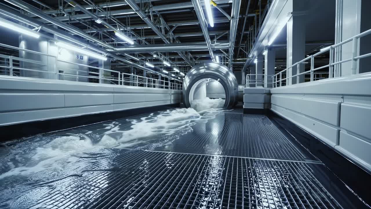 Water cascading through high tech filtration mechanism, cleaning municipal drinking liquid with precision engineering at industrial water purification plant