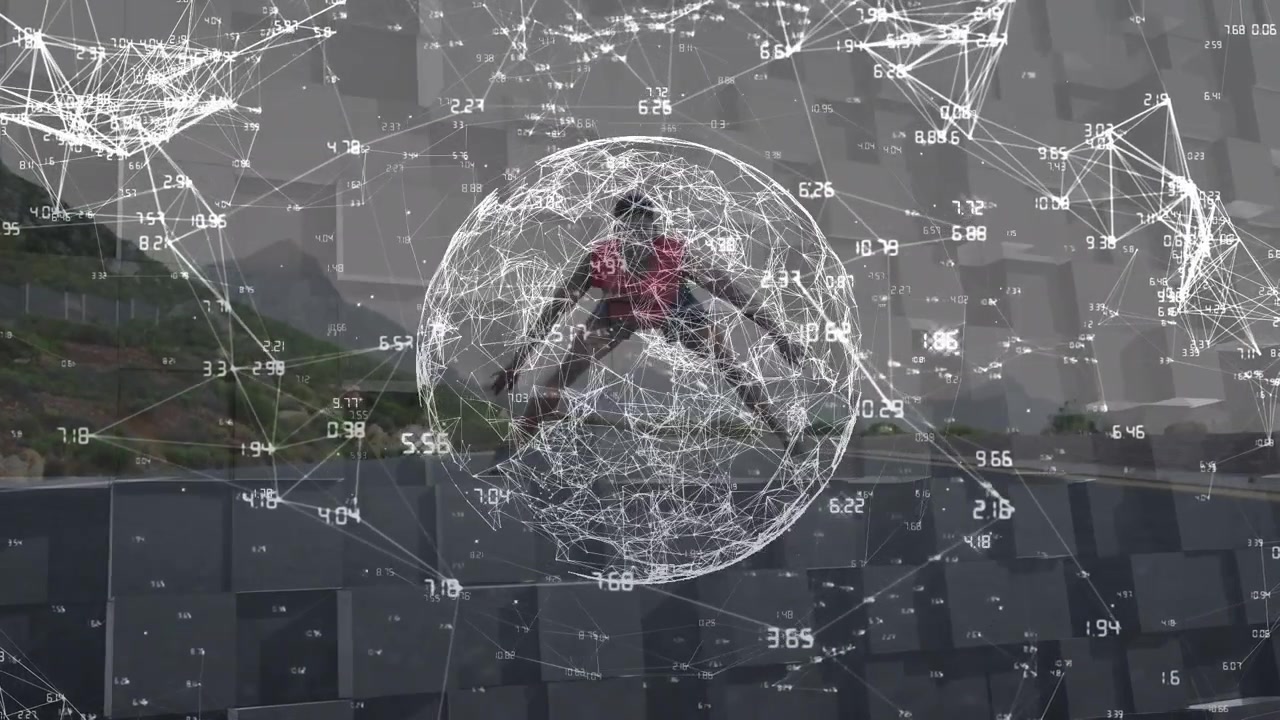 Animation of globe of network of connections over african american fit man stretching on the road