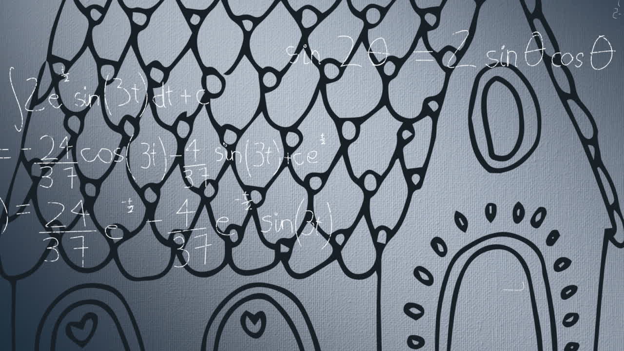 ⁇ 색 배경에 수학 방정식과 집 그림의 애니메이션