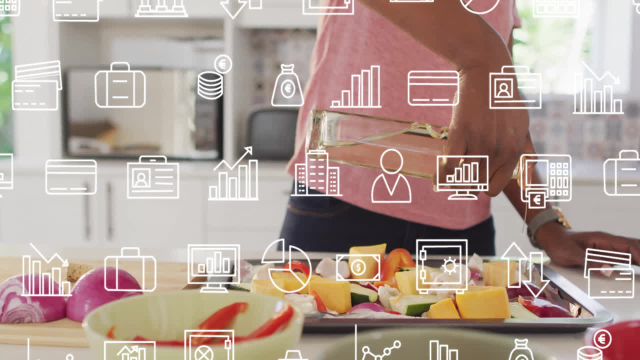Preparing vegetables in kitchen, financial data and business icons animation