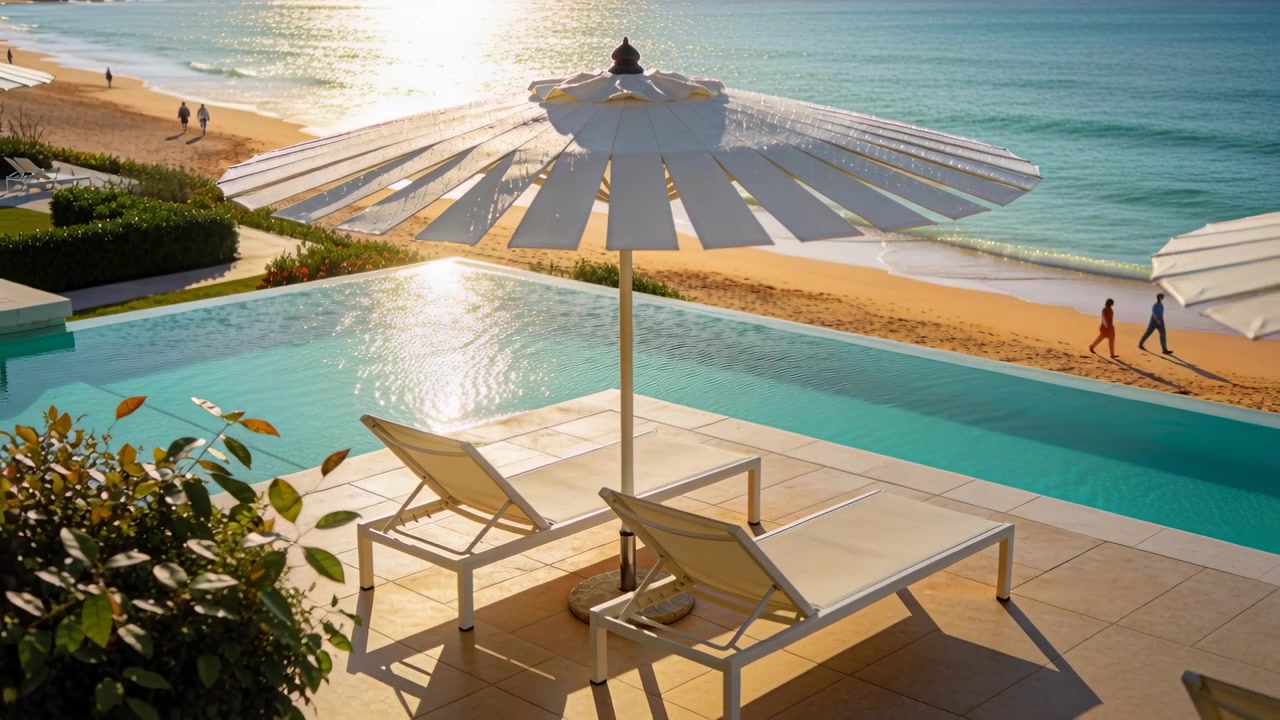 Pulling back camera revealing sunlit terrace umbrella and chairs by infinity pool, showing walkers
