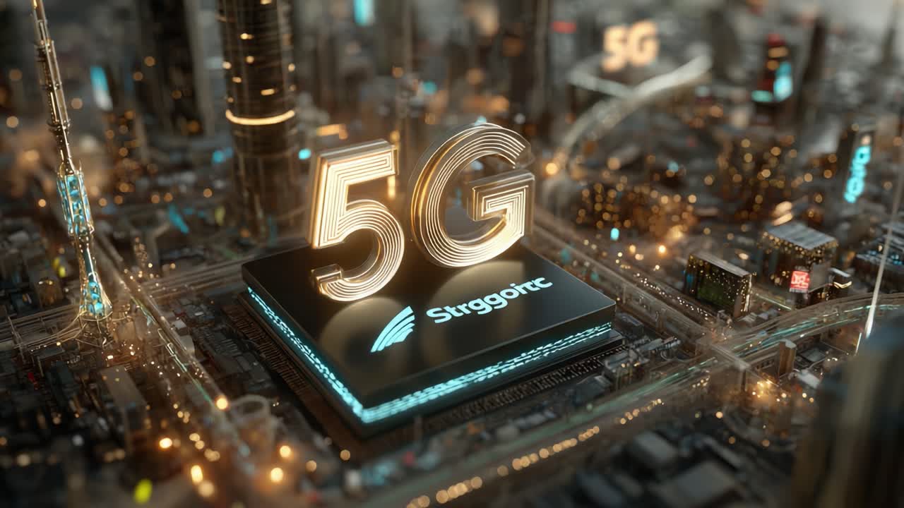 Concept futuristico di tecnologia 5G con segnaletica illuminata in un ambiente urbano high-tech, che cattura l'essenza della connettività avanzata e dell'innovazione