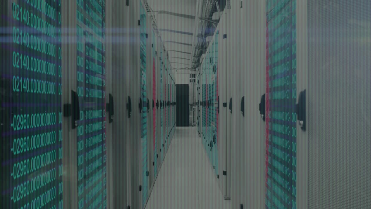 Camera viewing initiating code scrolling and digits floating showing processing in server aisle