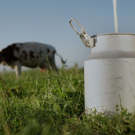 Milchbidons-Auf-Einer-Weide,-Während-Eine-Kuh-Auf-Einer-Wiese-Weidet-2