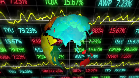 Animation-of-stock-market-data-processing-over-spinning-globe-against-black-background