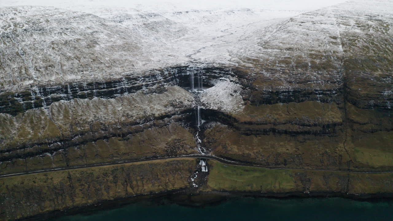 Faroe Islands, 4K Aerial wide pull back and tilt up of beautiful Foss&aacute; waterfall