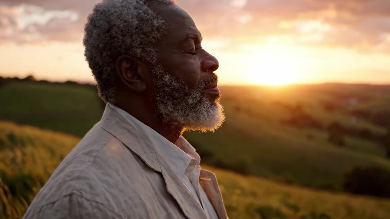 A contemplative man stands in a grassy landscape during sunset, reflecting on life's journey amid picturesque hills and the warmth of the fading sun's rays.
