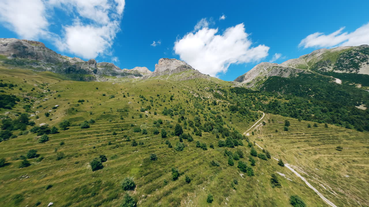 Vista aerea del Monte Mongioie in estate con valli verdi e cielo azzurro.