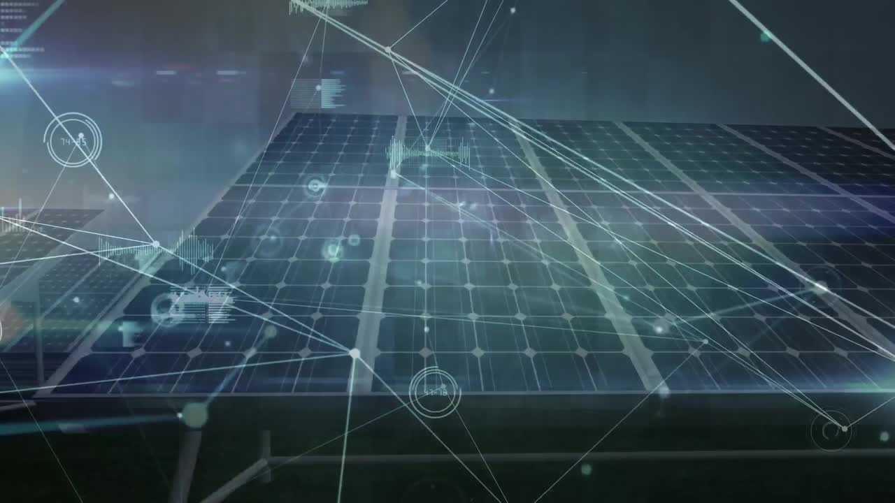 Animation of graph icons, database and dots connected with lines over solar panels in background