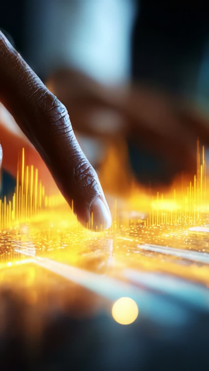 A Close-Up of a Finger Interacting with a Digital Interface, Showcasing Vibrant Visualization of Sound Waves and Data Analytics in a Modern Context