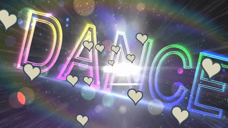 animation of hearts over neon dance text and spots of light in background