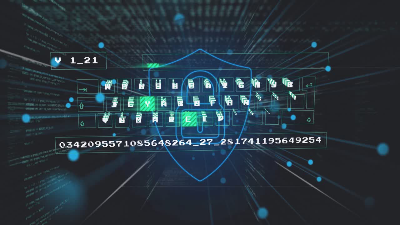 Animation of data processing and shield on black background