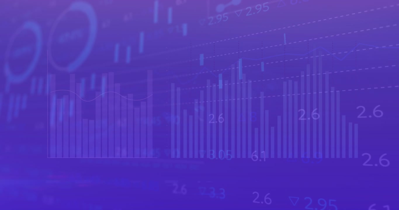 Animation of statistical and stock market data processing against purple gradient background
