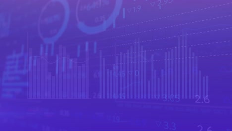animación del procesamiento de datos estadísticos y bursátiles contra un fondo de gradiente púrpura