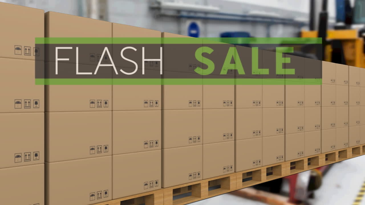 Animation of flash sale text over cardboard boxes on conveyor belt