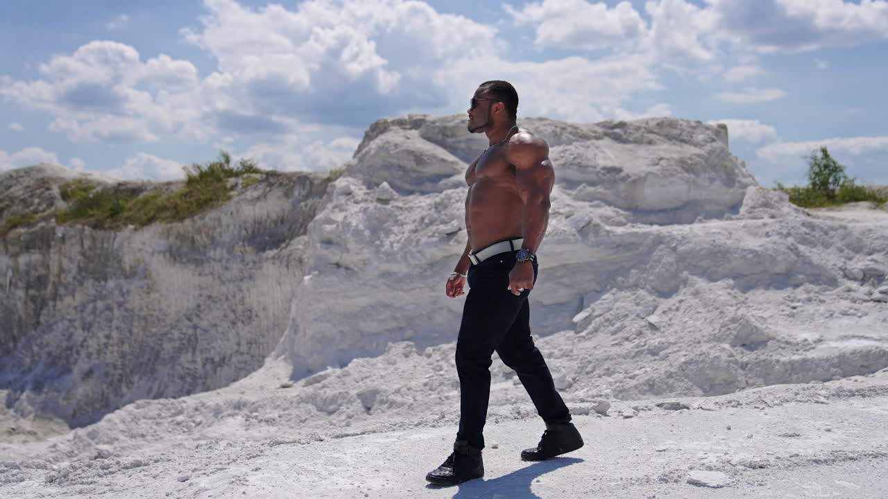 Fitness model with sport body. Muscular young athletic black man with naked torso