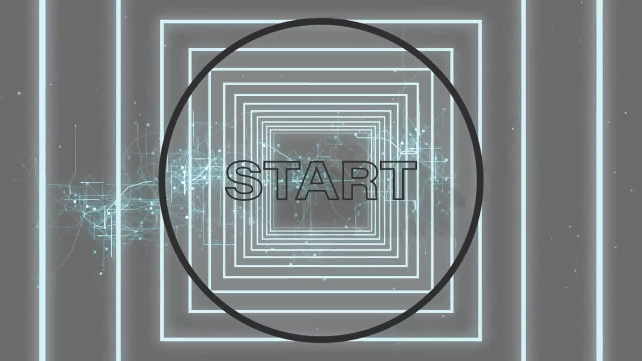 Animation of start text in black circle outline over tunnel of glowing squares and networks