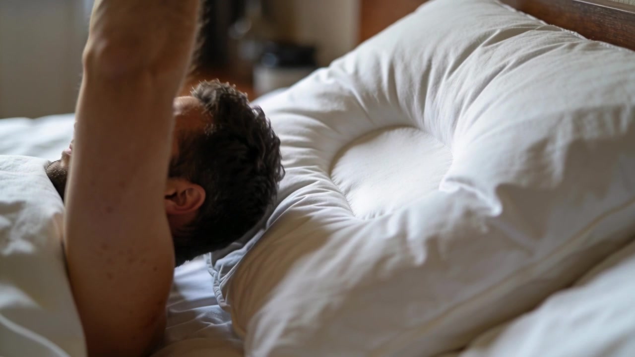 Vågnende mand uden skjorte sidder op i sengen fra sollys, skubber pude, ring synlig, plads til tekst