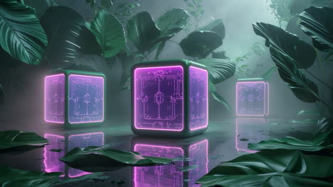 glowing futuristic cubes in a mystical jungle environment