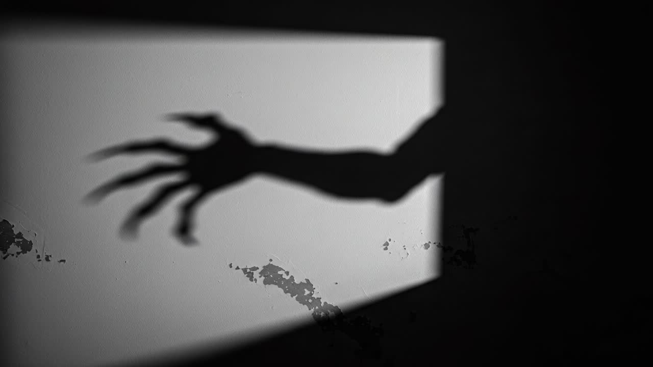 A Sinister Shadow Grips the Wall, Casting an Ominous Silhouette That Evokes Fear and Intrigue in the Dimly Lit Space, Suggesting a Mysterious Presence Nearby
