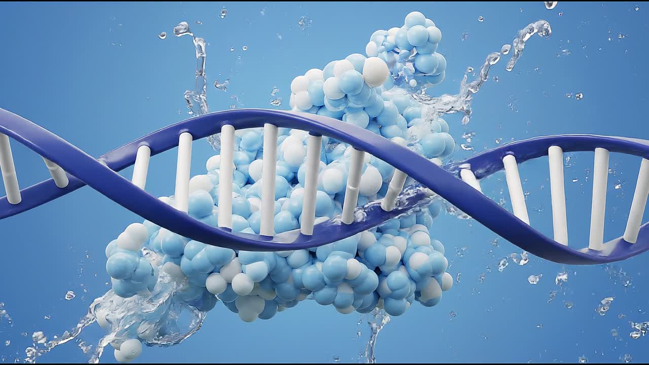Animated DNA Helix Structure with Splashing Water and Molecules