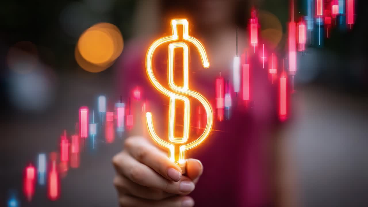 Un simbolo del dollaro luminoso che simboleggia la crescita finanziaria in mezzo a un vivace grafico del mercato azionario che mostra tendenze e movimenti di mercato.