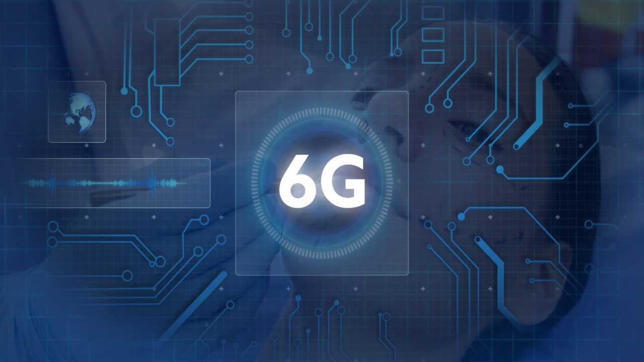 Animation of 6G technology with digital circuit patterns in futuristic interface