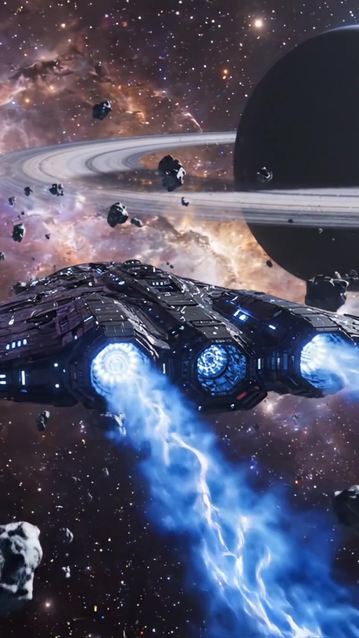 Epic Space Exploration: A Futuristic Starship Navigating Through Asteroids and Cosmic Wonders With Stunning Celestial Backgrounds and Energy Effects