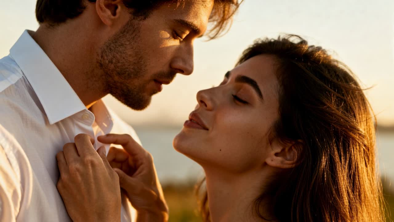 Placing hands woman adjusting man's white shirt collar top button at shore man tilting seeking kiss
