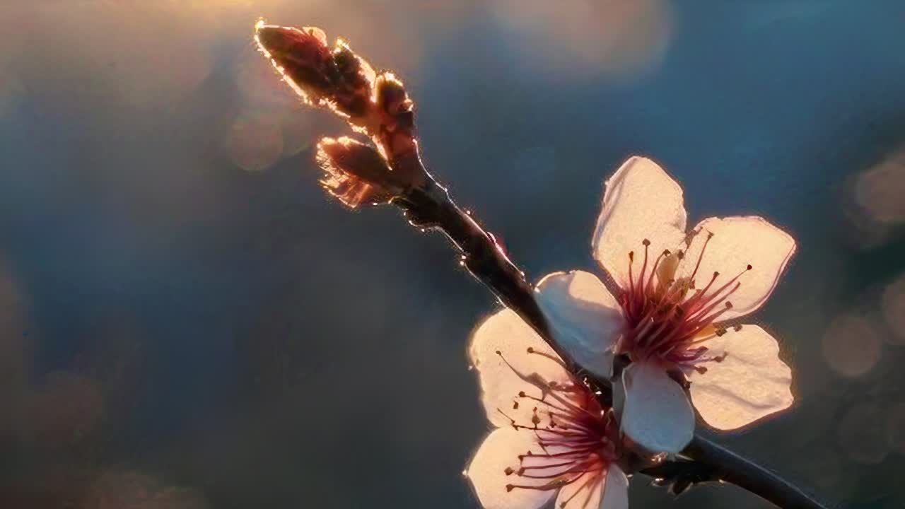 ソフトフォーカスの背景に繊細な花をクローズアップした動画。ローアングルで撮影されています。