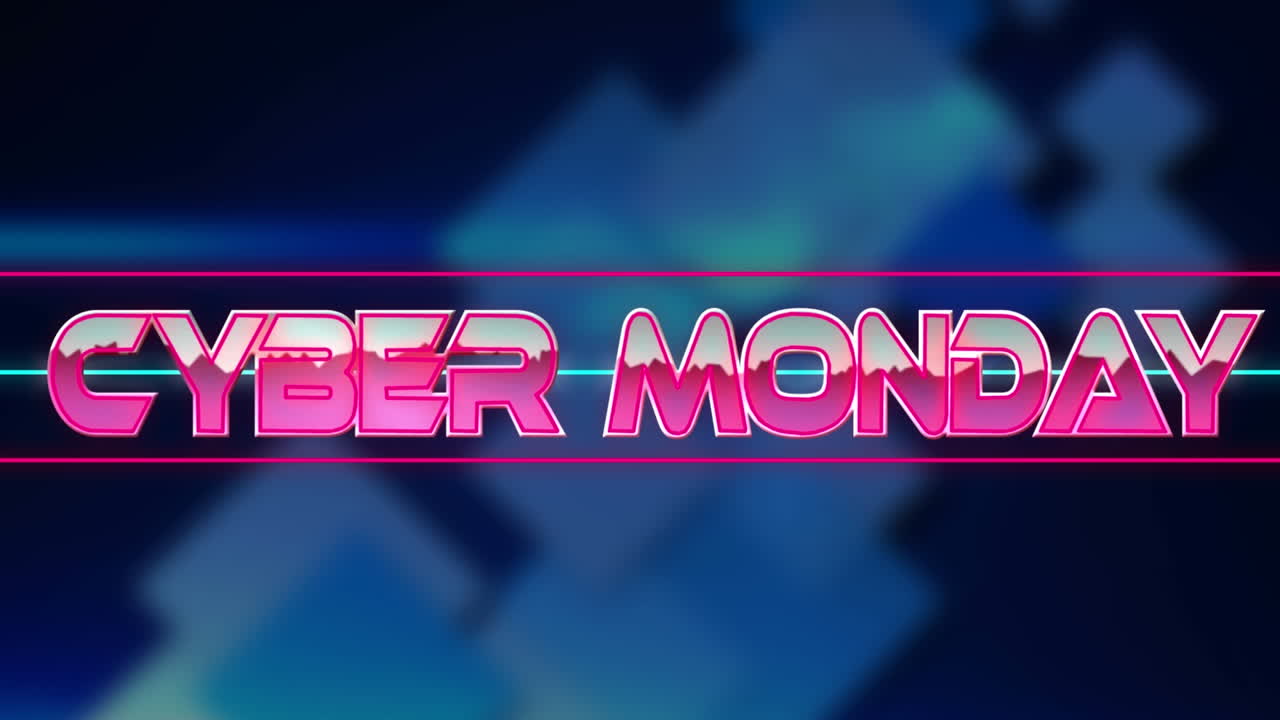 animación del texto de cyber monday entre líneas sobre cuadrados contra un fondo abstracto