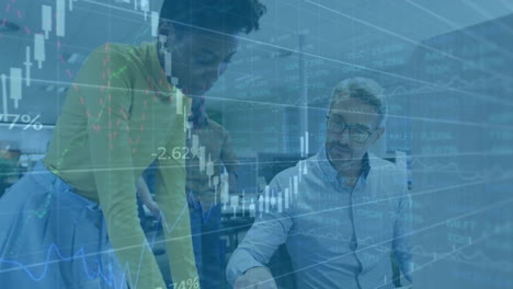 animation of financial data processing over diverse business people in office