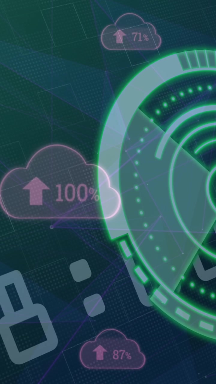 Animation of scope scanning and cloud icons over data processing