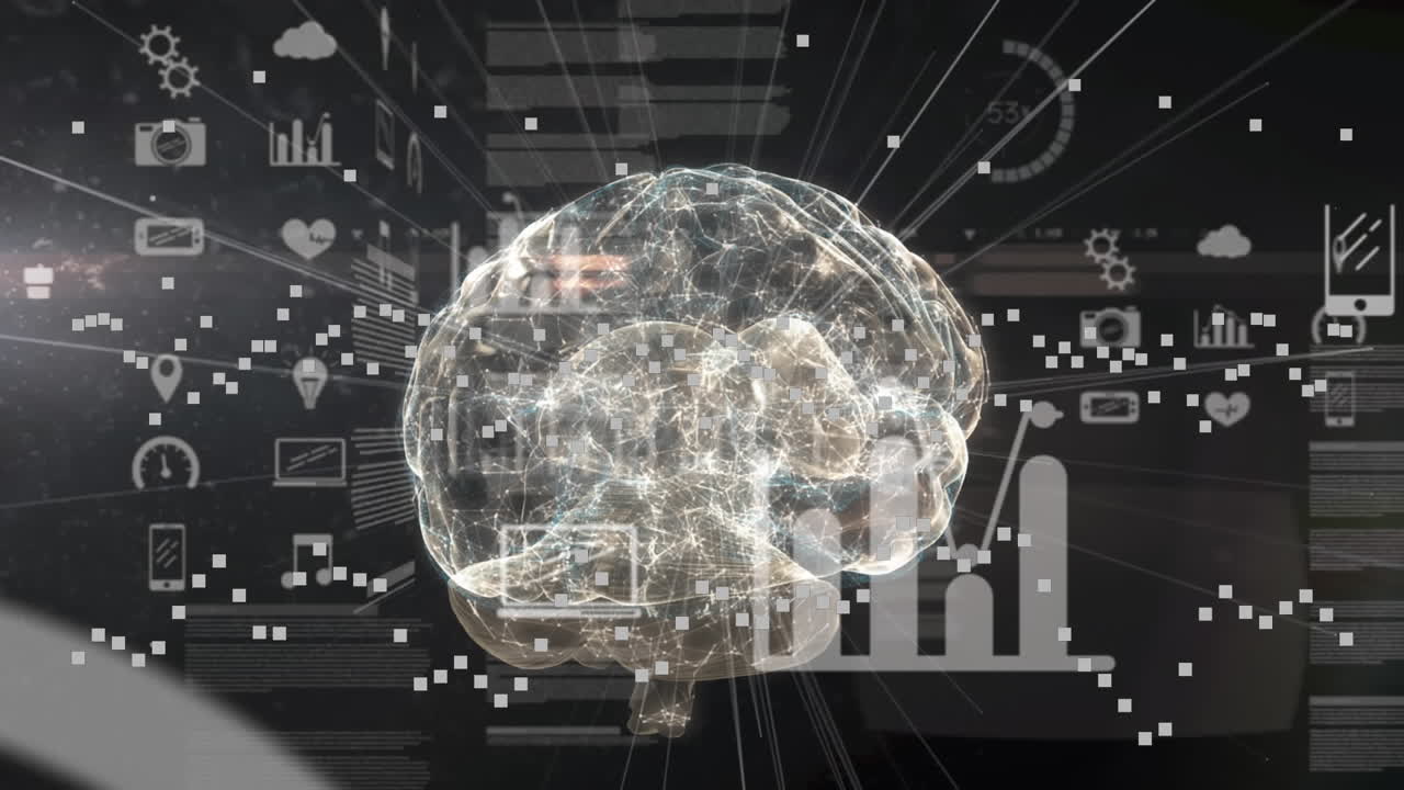 Animation of spinning human brain, data procesisng and light spot against black background
