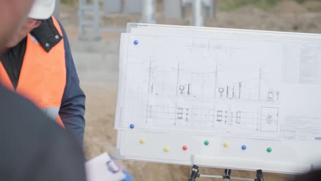 engineers supervise the construction of a transformer substation