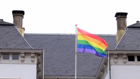 closeup of rainbow colored lgbtq+ flag on top of city hall in zutphen, the netherlands, waving gently from the dutch historic facade in support of community