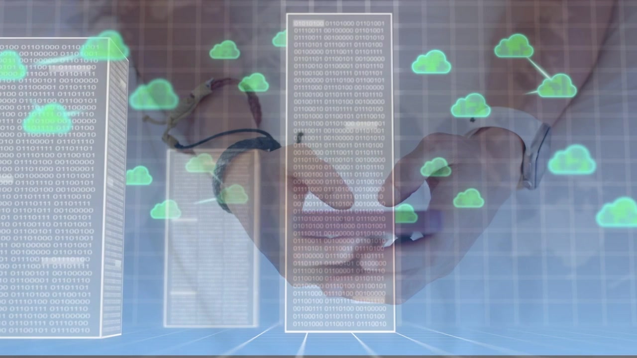 Adult male hands tapping phone on grid overlay, causing cloud icons and towers showing data syncing
