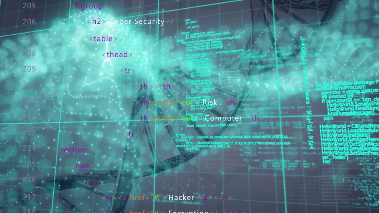 Animation of data processing and spots over dna strand on grey background