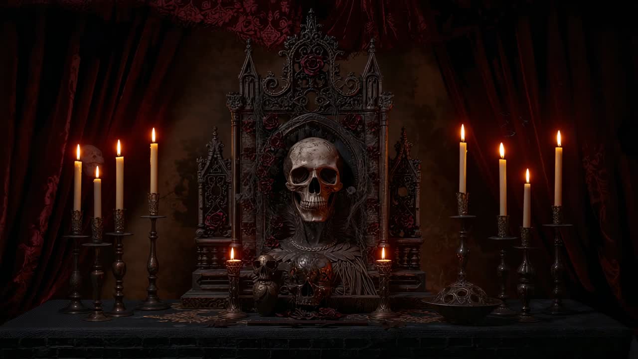 Lighting candles in stands flickering shadows across gothic altar with skull, red drape in crypt