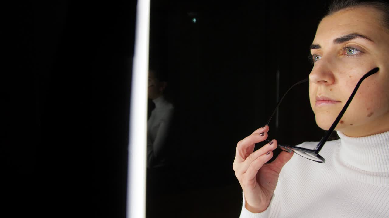 mujer con gafas sobre iluminación blanca en negro