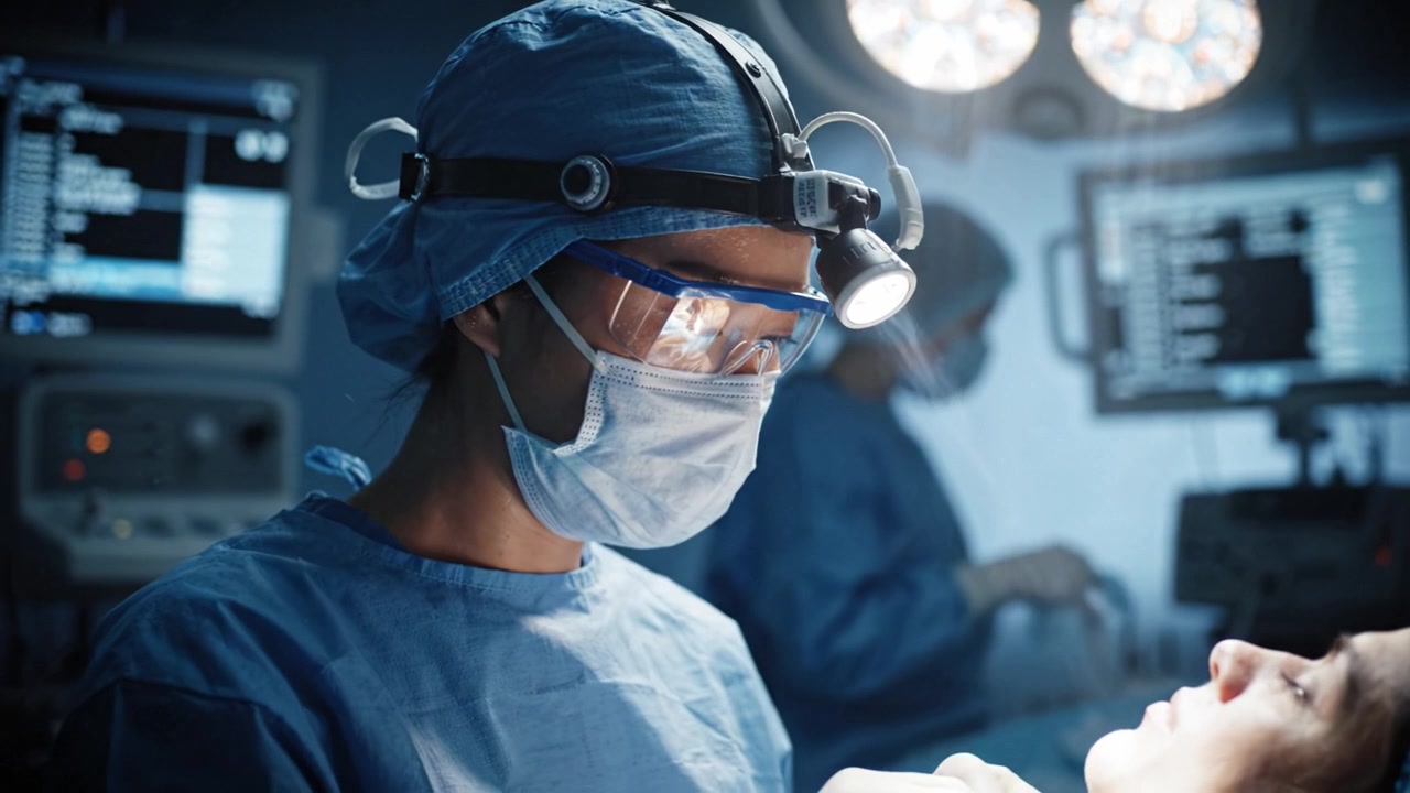 Surgeon Preparing for Operation: Focused Medical Professional in Scrubs Adjusting Headlamp in Operating Room, Ensuring Precision During Surgical Procedure