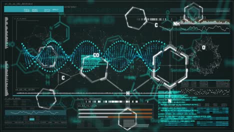 animation of chemical structures over interface with data processing against black background
